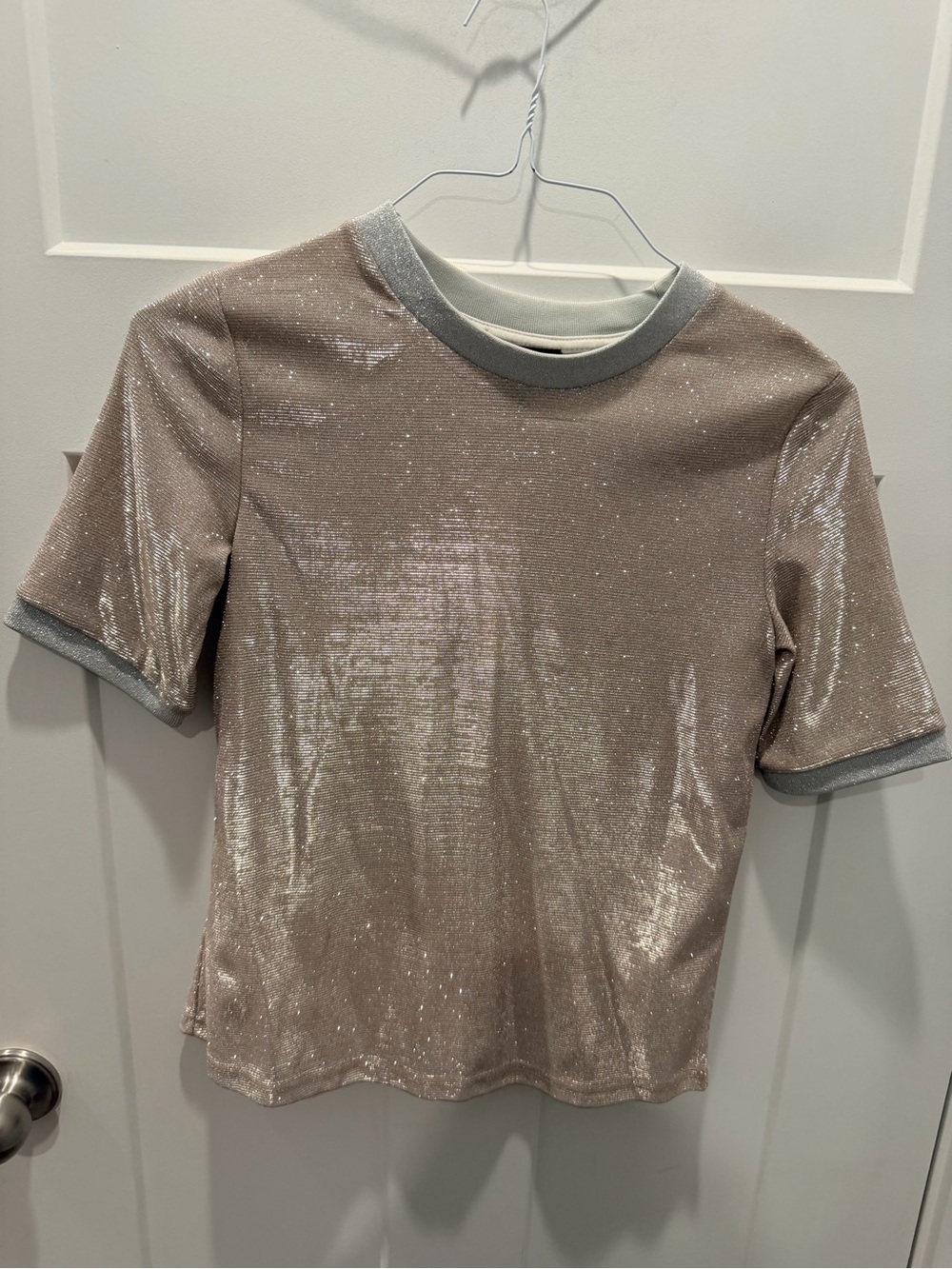 NWT AQUA Small Light Pink Metallic Shimmer Short Sleeve Top $48